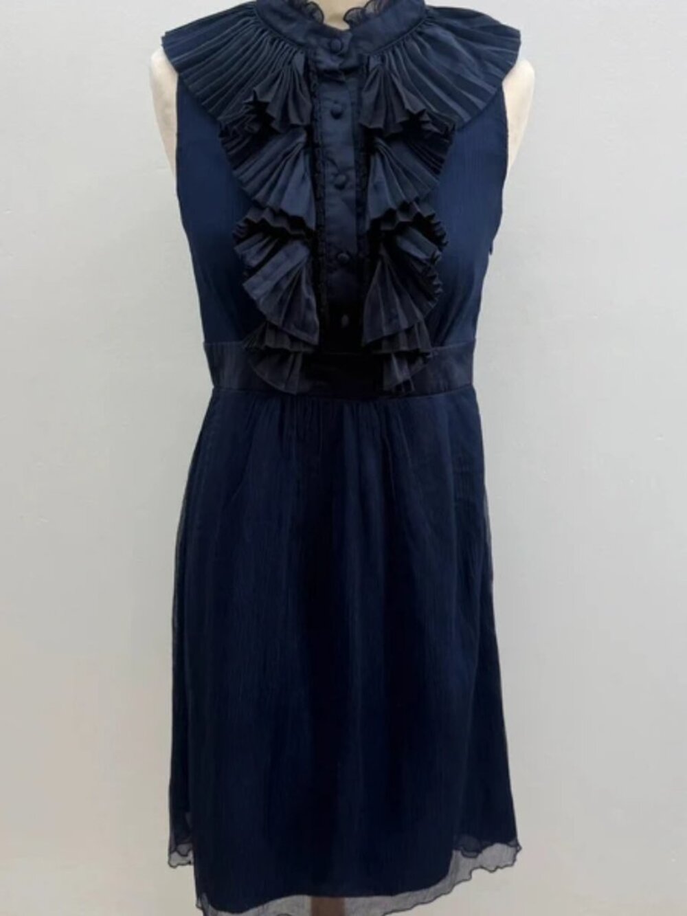 Fever Navy Pleated Ruffle-Front Sleeveless Silk Dress Size 10